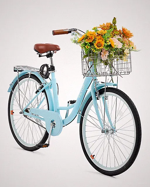 VEVOR 26-Inch Cruiser Bike 1-Speed Light Blue Beach Cruiser Bike with Basket