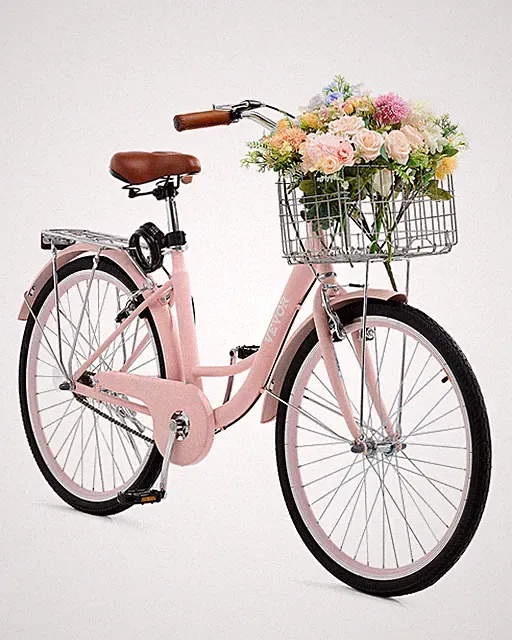 VEVOR 26-Inch Cruiser Bike 1-Speed Pink Beach Cruiser Bike with Basket